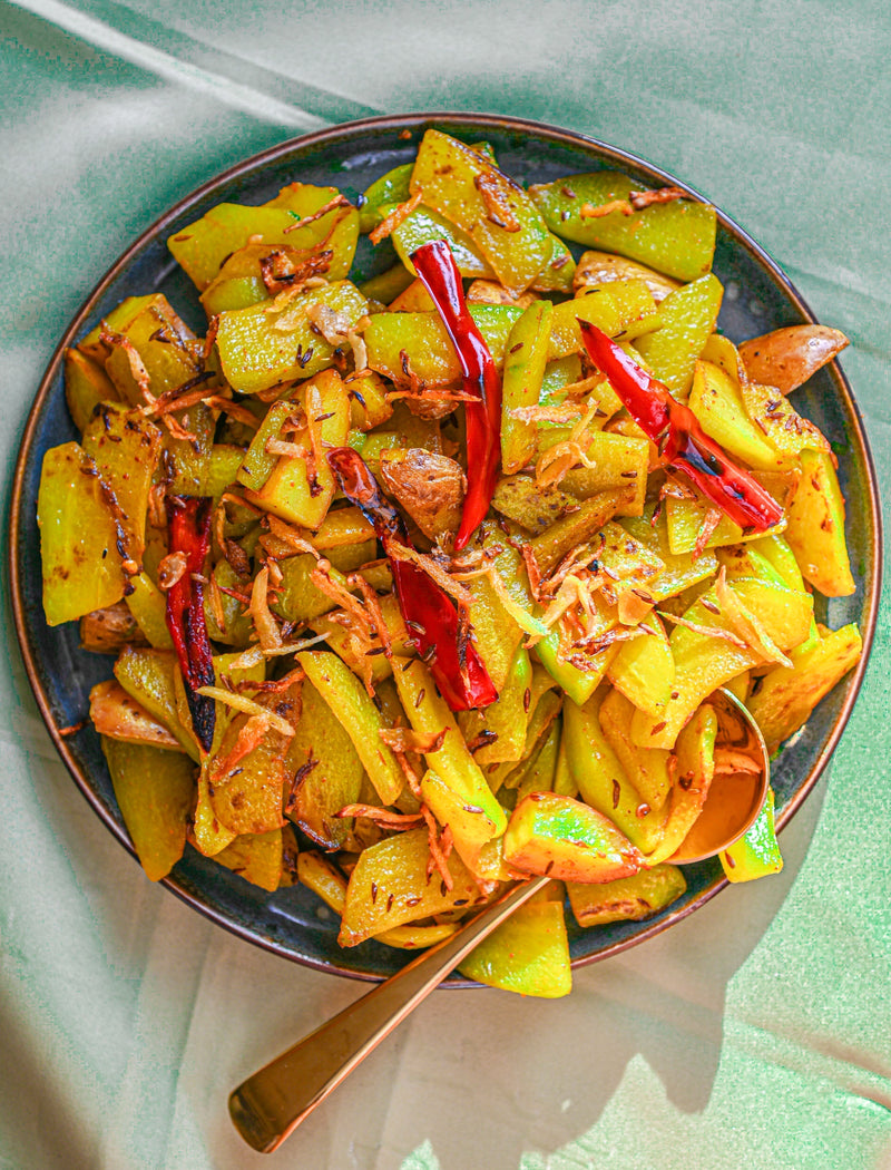 Sautéed Chayote & Pink Fir Potatoes with Lakadong Turmeric, Cumin & Crispy Loire Ginger