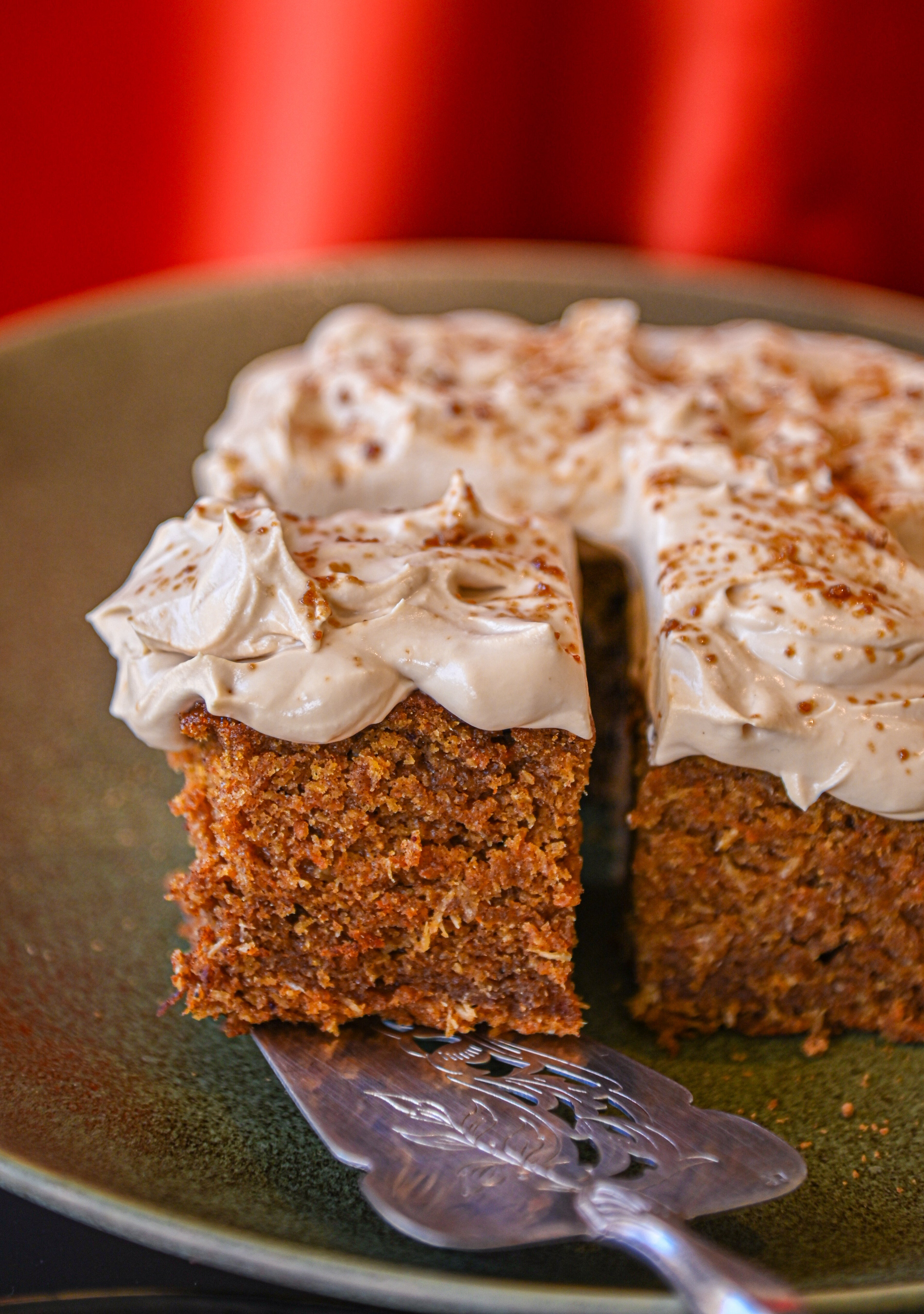 Ginger Carrot and Date Cake with Date Palm Jaggery Frosting