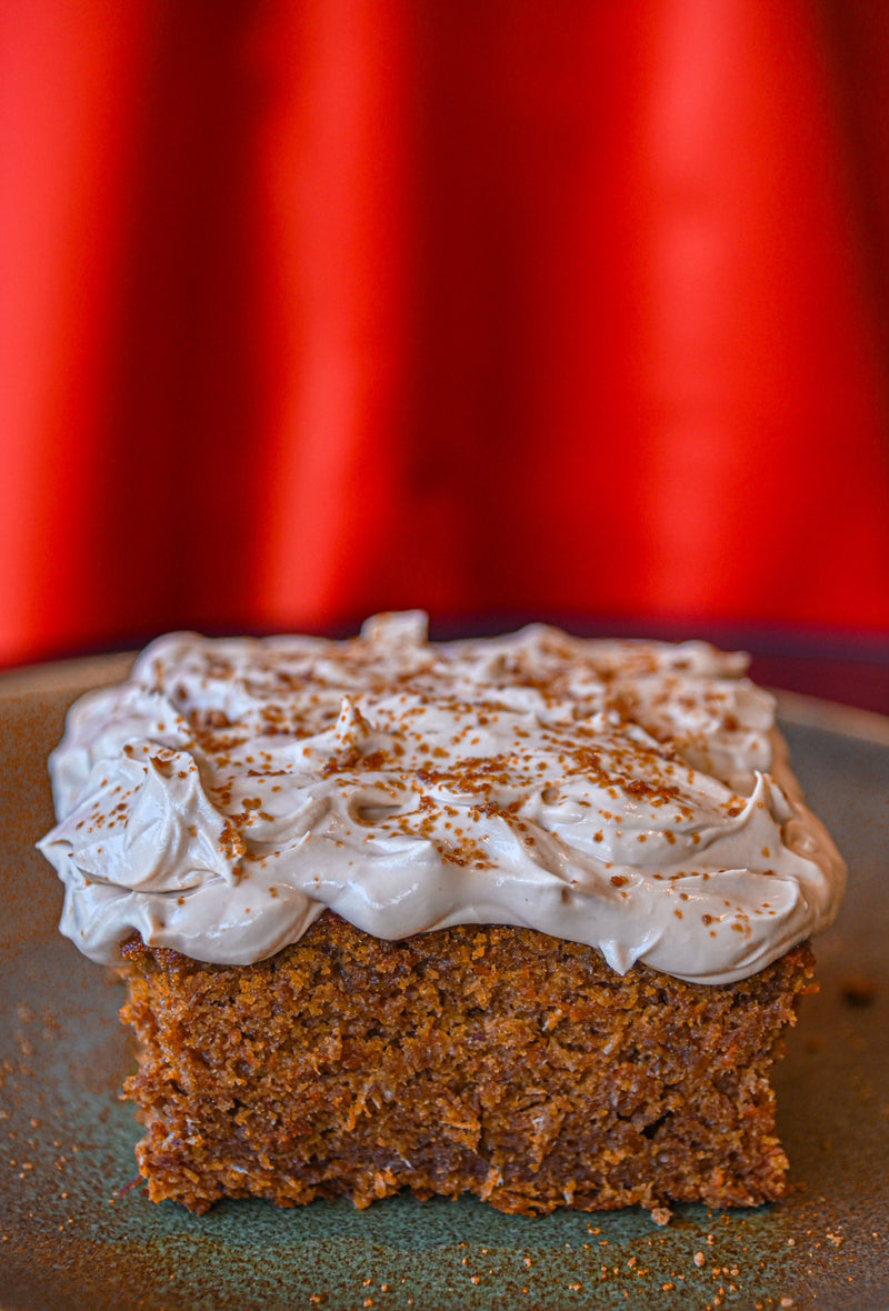 Ginger Carrot and Date Cake with Date Palm Jaggery Frosting
