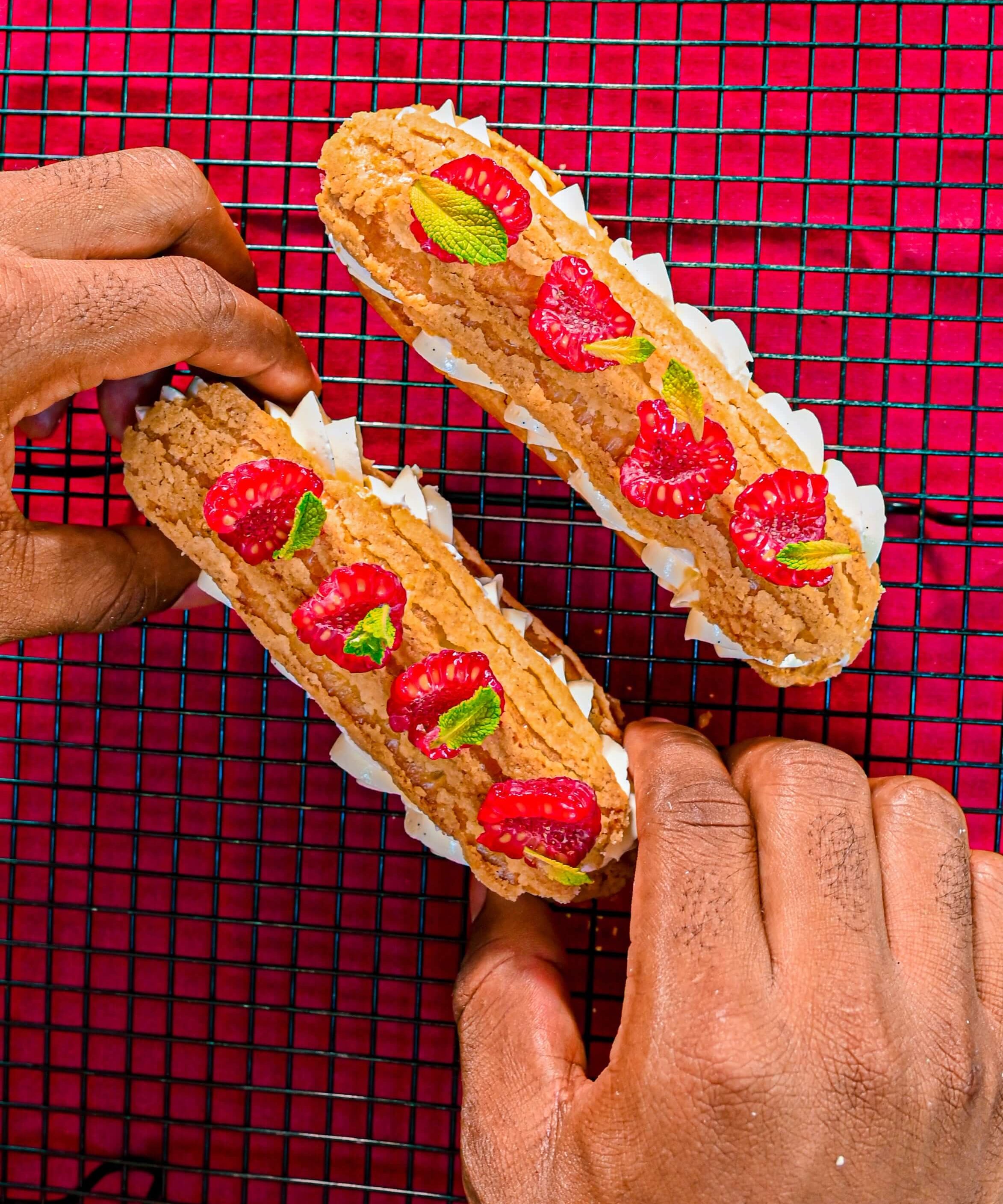 Éclair With Vanilla Crème Mousseline & Raspberry Confit