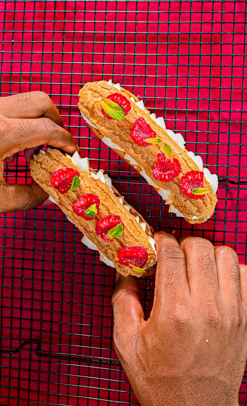 Éclair With Vanilla Crème Mousseline & Raspberry Confit